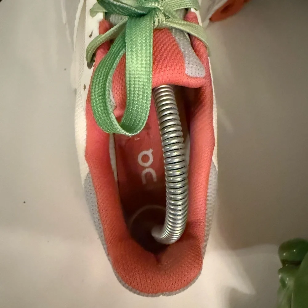 On Running Women's Athletic Shoes in White and Coral with Green Laces - Picture 3 of 8